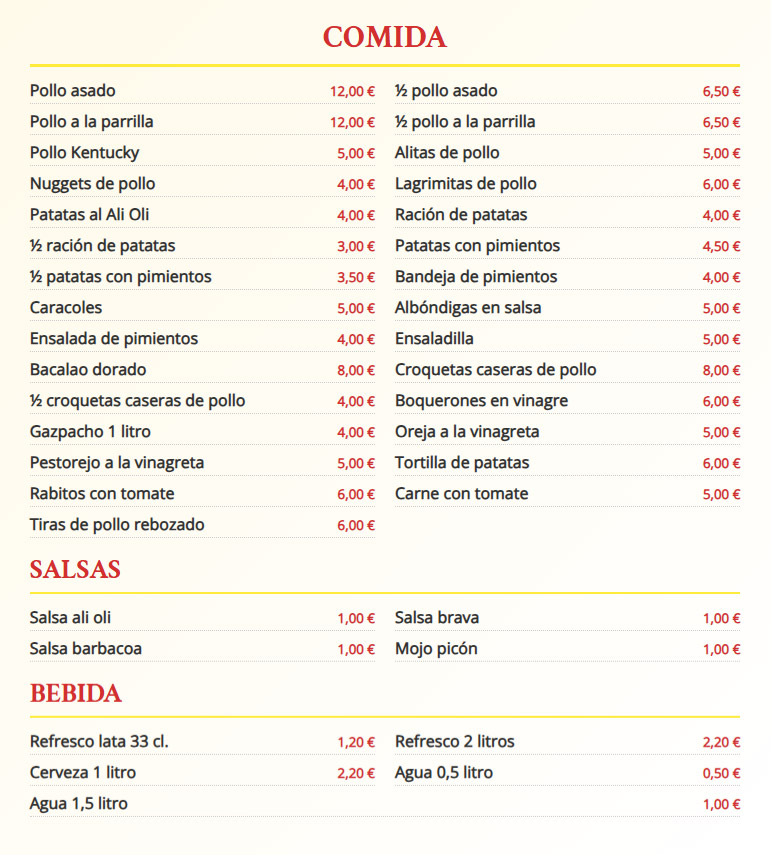 Carta El palacio del pollo